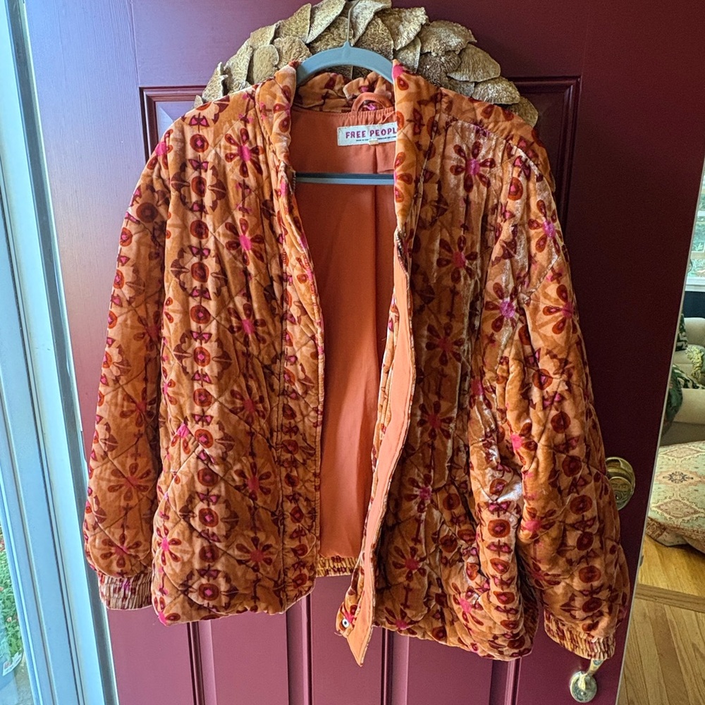 Free People Vibrant Orange Floral Puffer Jacket